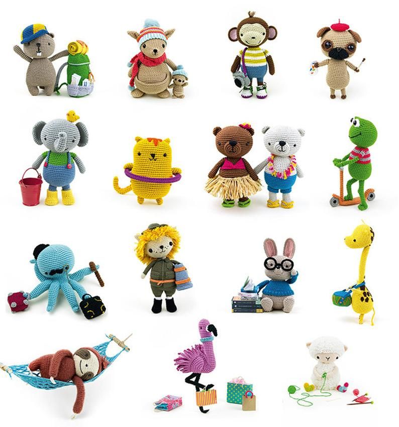 Collection of colorful crocheted amigurumi animals in playful outfits and poses, including bear, monkey, elephant, cat, flamingo, and more.