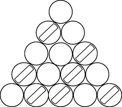 A triangular pyramid of 15 circles, with 5 rows; some circles contain diagonal striped patterns.
