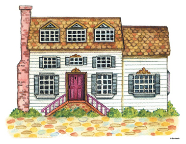 Charming two-story colonial-style house with white siding, purple door, dormer windows, and cobblestone path.