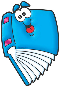 Cheerful blue cartoon book character with googly eyes, tongue out, and fanned open pages.