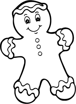 Smiling gingerbread man with icing details, buttons, and festive outline for coloring or decoration.