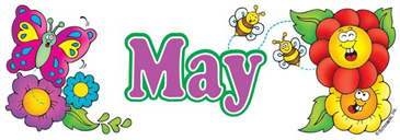 Colorful cartoon illustration of the word "May" surrounded by flowers, a butterfly, and bees.