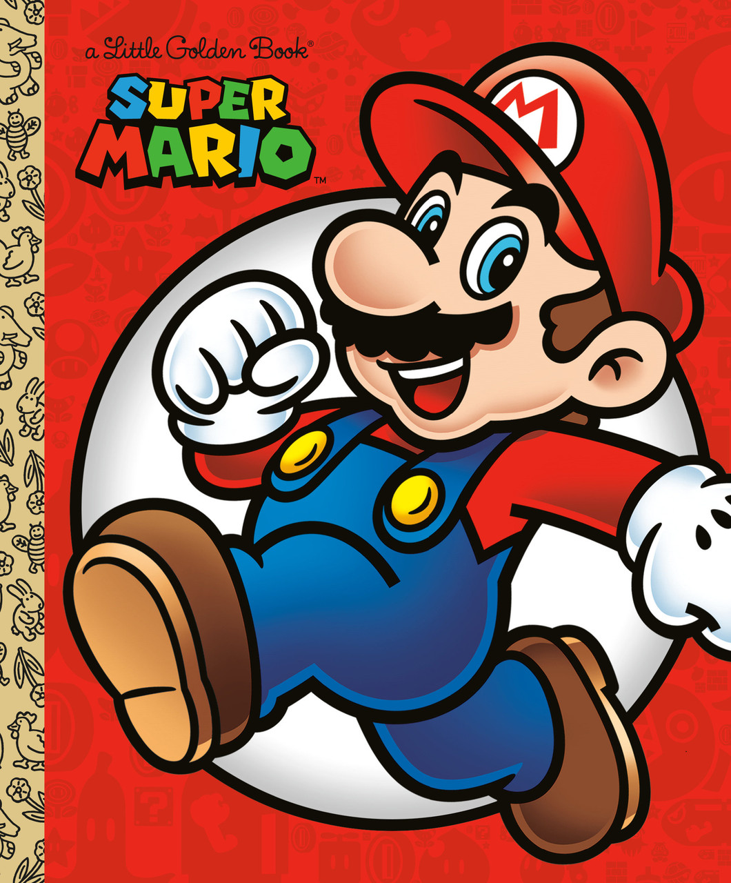 Super Mario in iconic red cap and blue overalls, running joyfully on a Little Golden Book cover with red background and game-themed patterns.