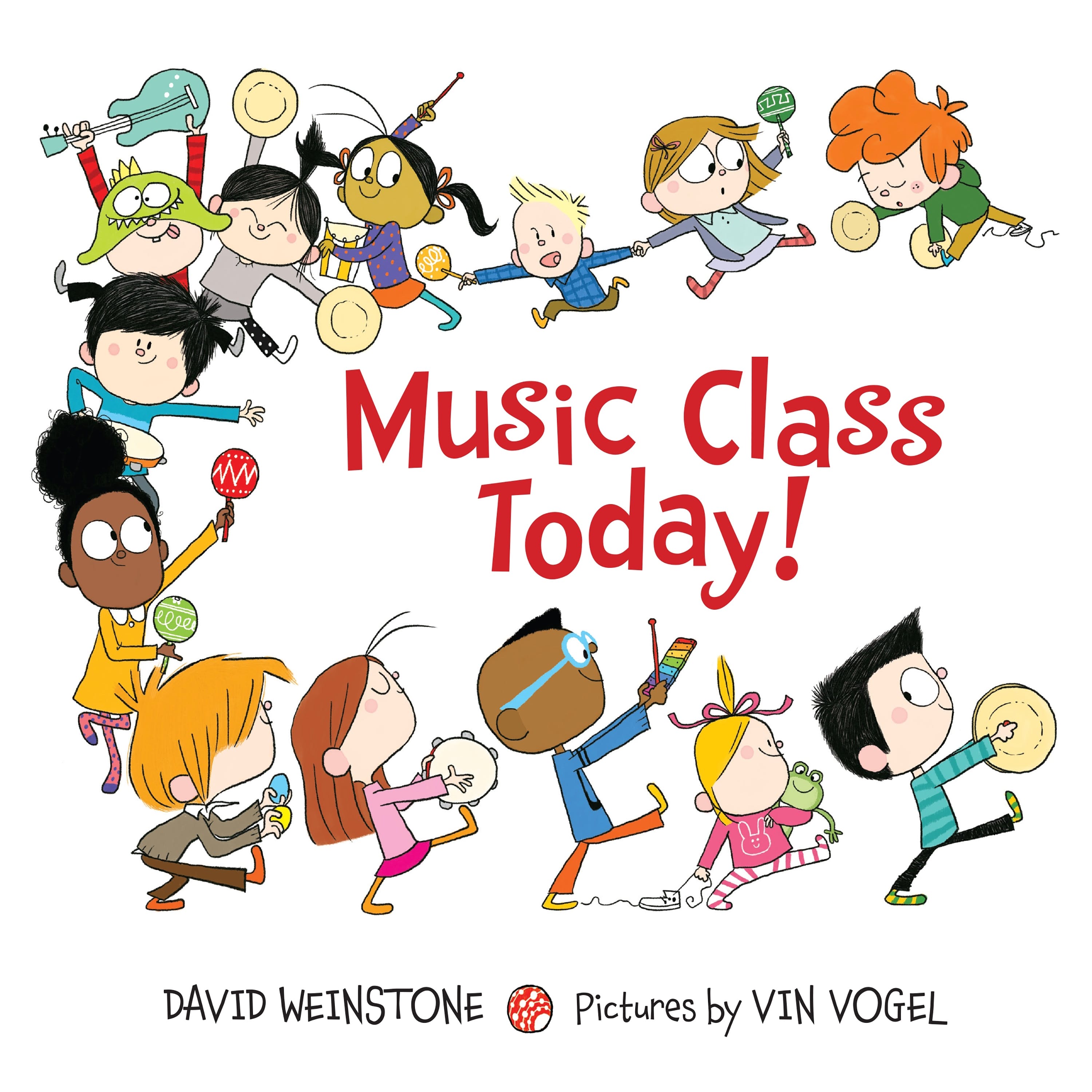 Children joyfully playing colorful musical instruments in a lively circle around the title "Music Class Today!"