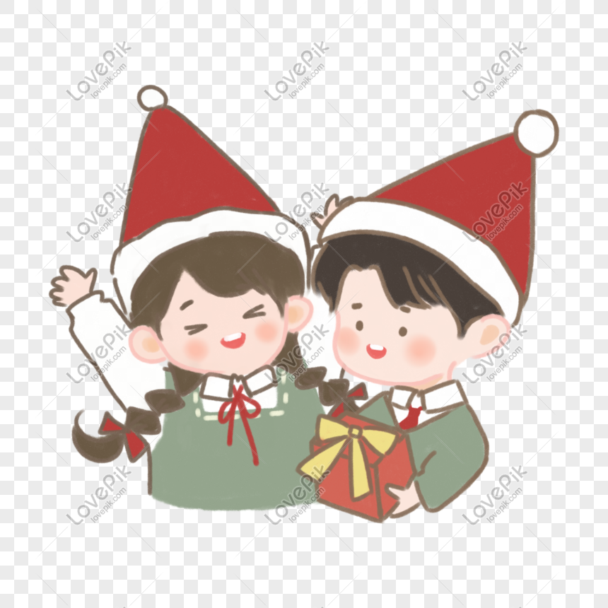 Two cheerful cartoon children in Santa hats, one holding a gift box with a yellow bow, smiling and waving.