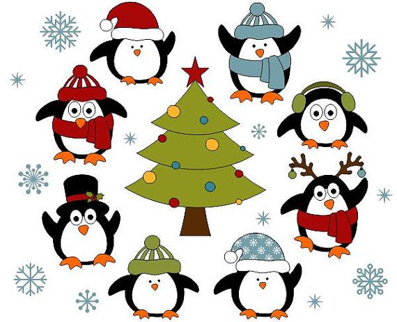 Festive cartoon penguins wearing winter hats and scarves around a decorated Christmas tree with snowflakes.