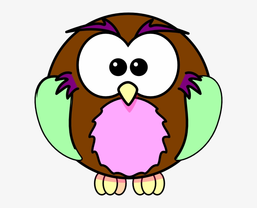 Cute cartoon owl with brown body, green wings, pink chest, and purple tufts.
