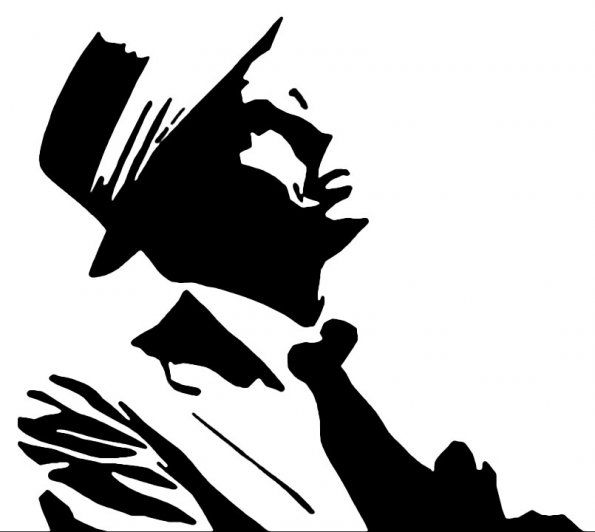 Silhouette of a man in a top hat and suit, gesturing expressively with hands, evoking vintage theatrical or magical performance.