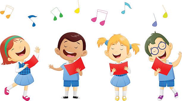 Four joyful children in school uniforms singing with red songbooks and floating musical notes above them.