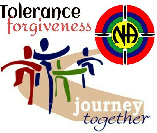 NA logo with rainbow target, stylized figures walking together, and text: Tolerance, Forgiveness, Journey Together.