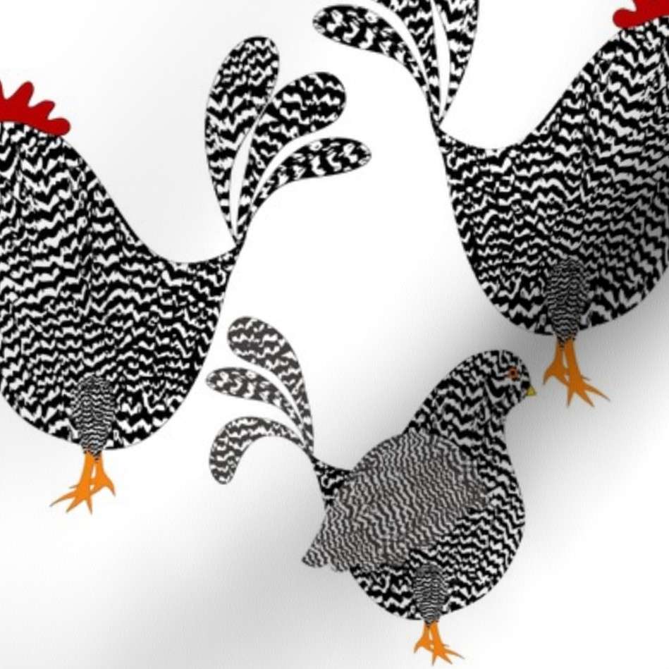 Stylized black-and-white patterned chickens with red combs and orange feet on a white background.