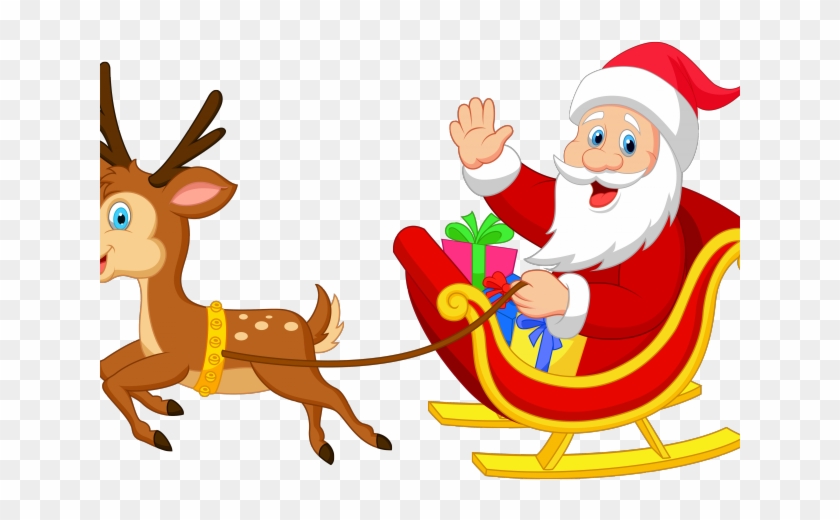 Santa Claus waving from a red sleigh pulled by a smiling reindeer, with colorful gifts inside.