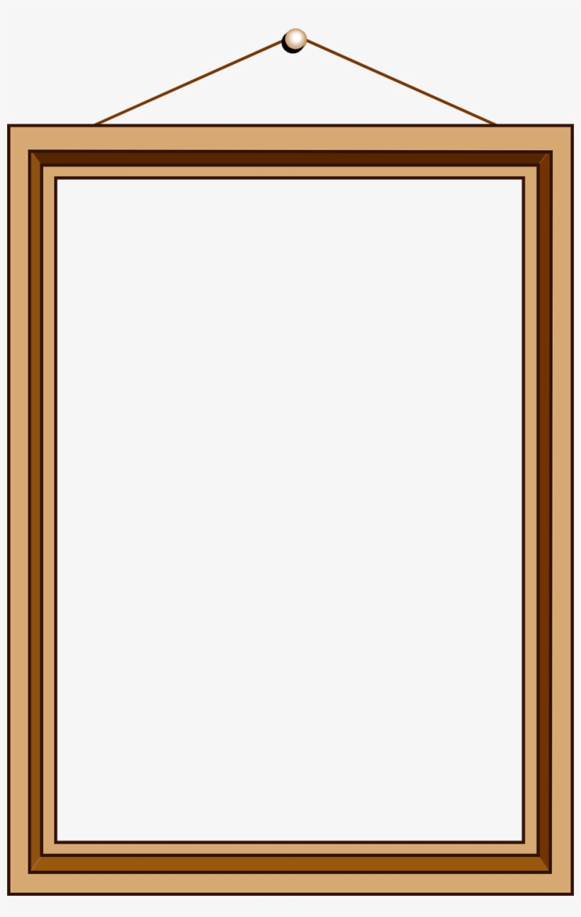 Wooden picture frame hanging on a wall with a string and pearl-like hook, empty white center ready for display.