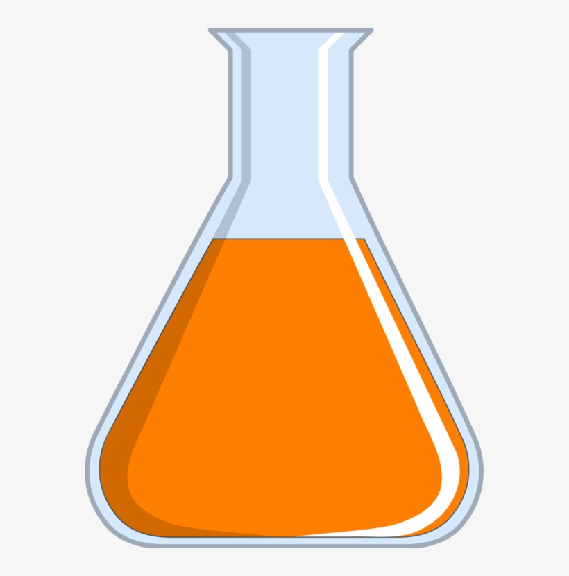 Clear glass Erlenmeyer flask containing orange liquid, commonly used in chemistry labs for experiments and titrations.