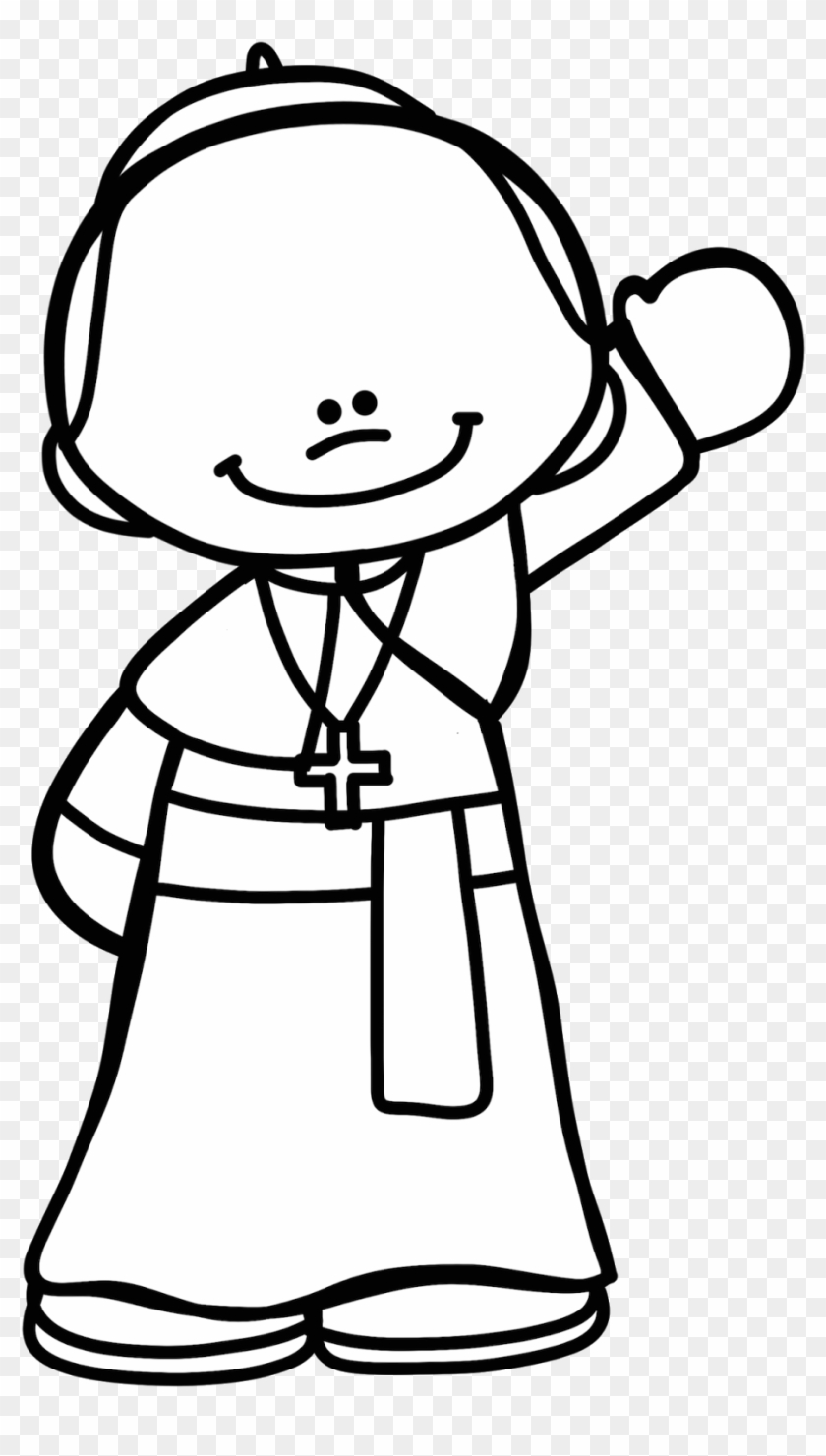 Cartoon priest waving, wearing cassock, zucchetto, and pectoral cross.