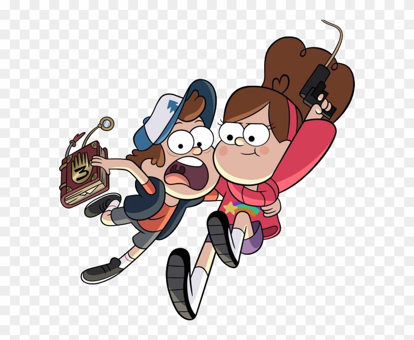 Dipper and Mabel Pines from Gravity Falls in action, holding the Journal 3 and a grappling hook gun, mid-air with expressive faces.