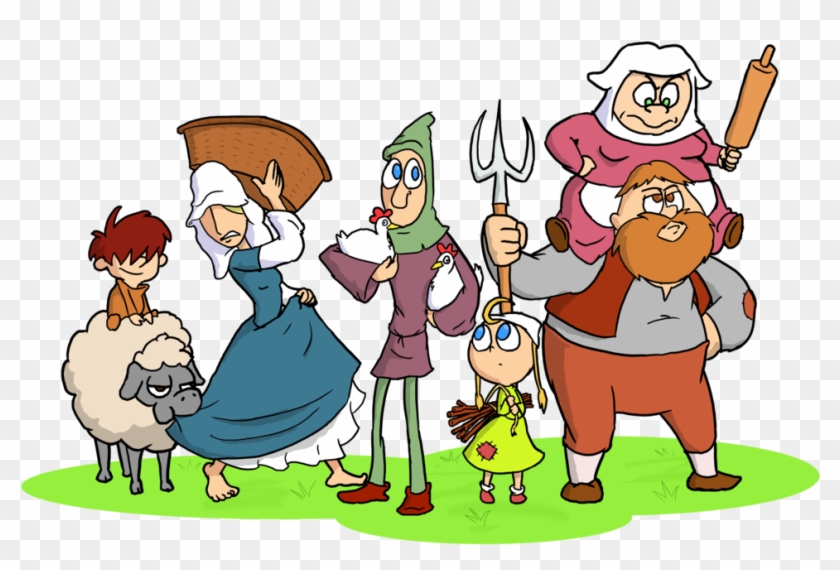 Cartoon medieval family with sheep, chickens, pitchfork, and rolling pin on grassy patch.
