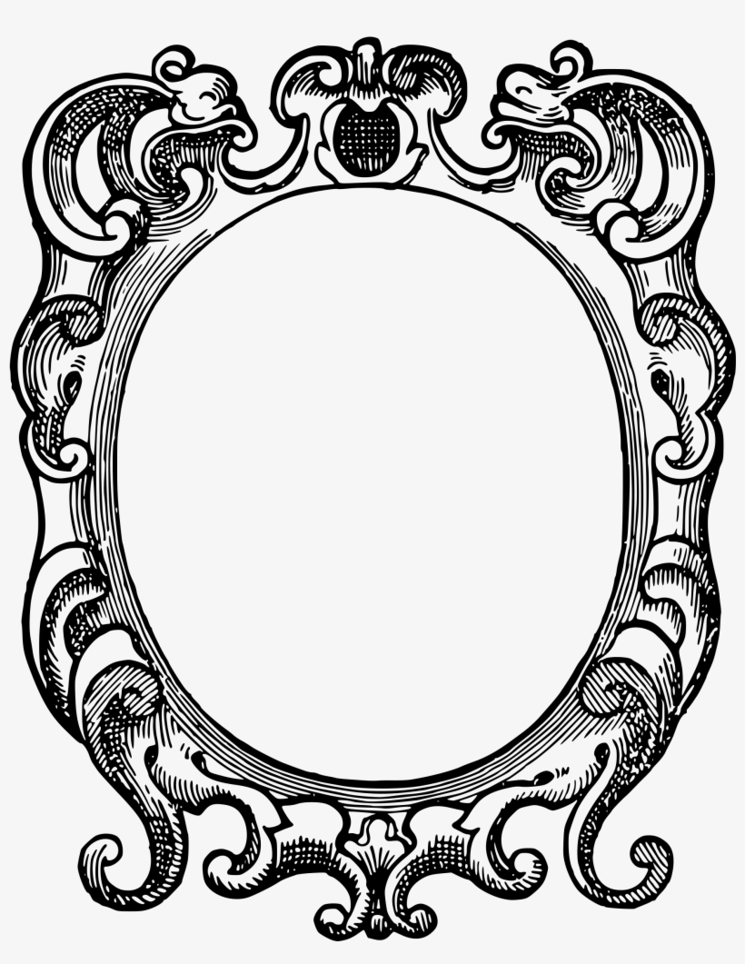 Ornate black-and-white baroque-style oval frame with intricate scrollwork and floral motifs.
