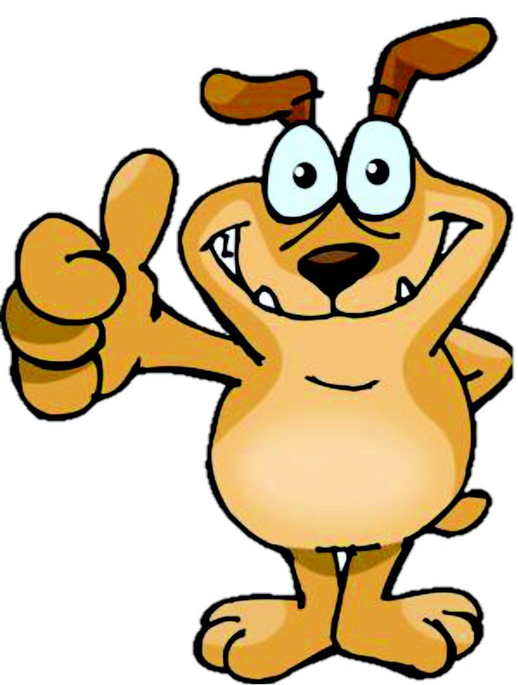 Cheerful cartoon dog giving a thumbs-up with big eyes and happy grin.