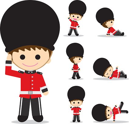 Cartoon British royal guard in red uniform and bearskin hat, shown in multiple playful poses including standing, walking, and falling.