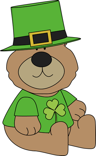 A cartoon brown bear wearing a green leprechaun hat and shamrock shirt for St. Patrick’s Day.