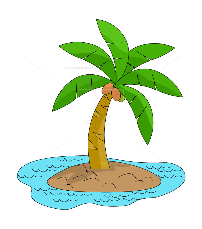 A cartoon palm tree with two coconuts on a small sandy island surrounded by blue water.