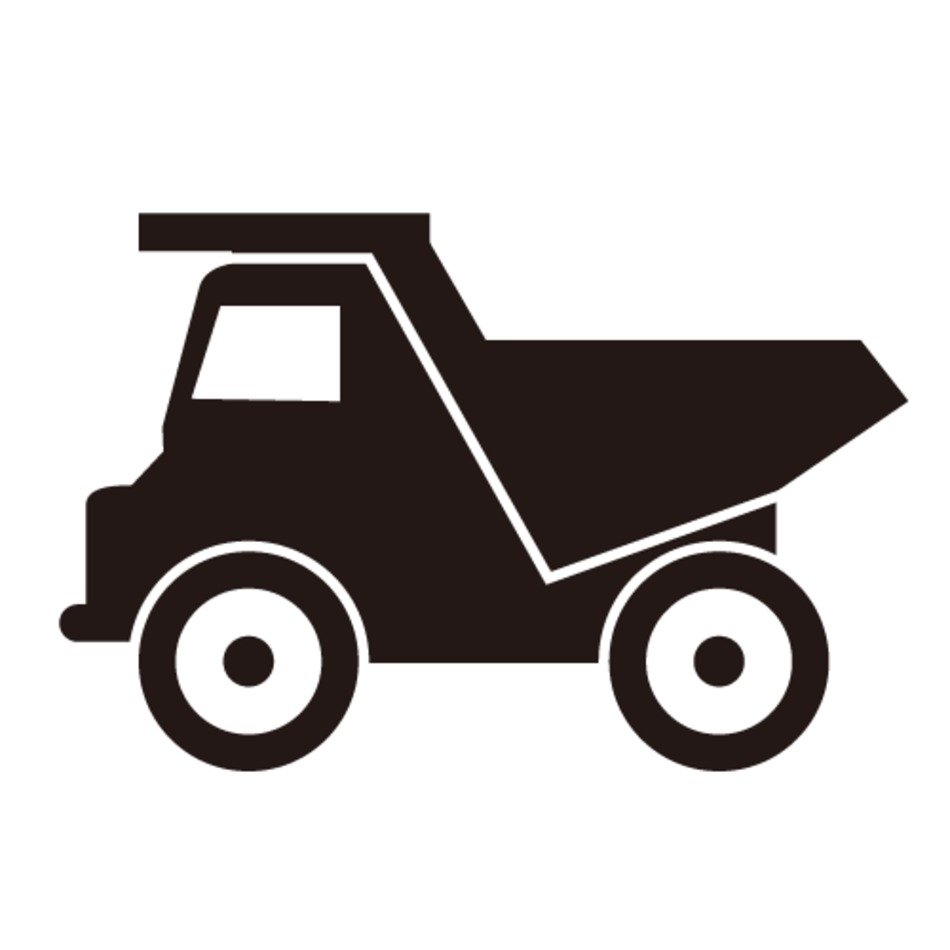 Black silhouette icon of a dump truck with raised bed, large wheels, and cab detail.