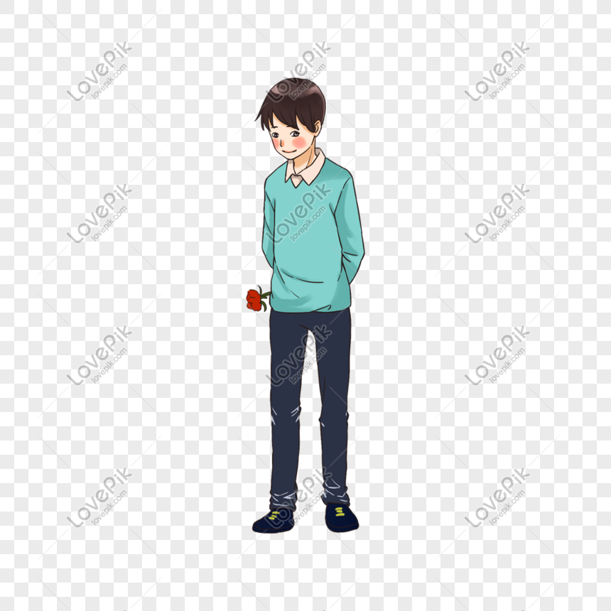 Shy boy in teal sweater holding a red rose behind his back, blushing with gentle smile.