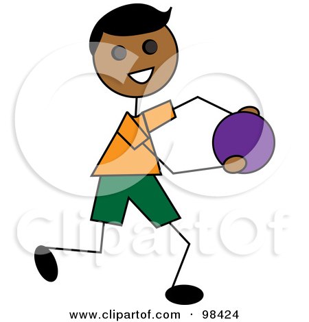 Stick figure boy with dark skin, orange shirt, green shorts, smiling while bowling a purple ball.