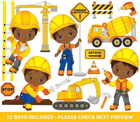 Four diverse cartoon boys in construction gear with tools, vehicles, and safety signs on white background.