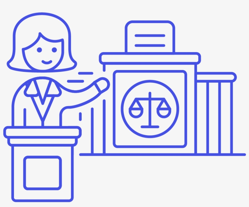 A woman in a suit speaks at a podium beside a courthouse with a justice scale emblem.