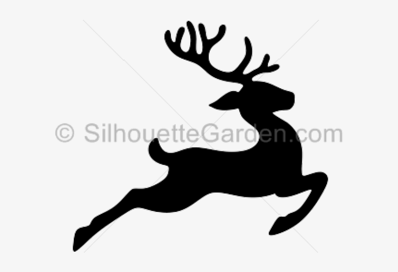 Black silhouette of a leaping deer with antlers, captured mid-jump against a white background.