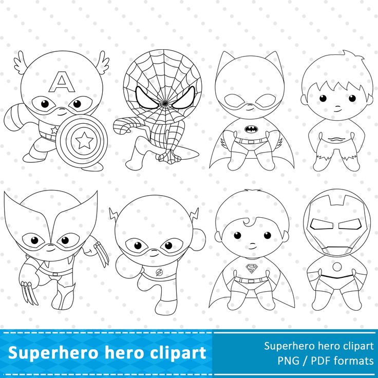 Chibi-style superhero clipart set including Captain America, Spider-Man, Batman, Hulk, Wolverine, Flash, Superman, and Iron Man in black-and-white line art.