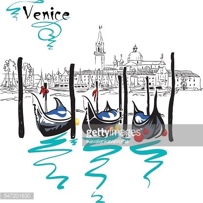 Hand-drawn sketch of Venice with gondolas, historic buildings, and turquoise water reflections.