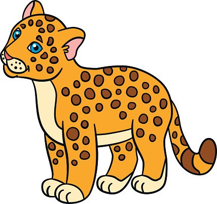 Cartoon illustration of a spotted orange jaguar cub with blue eyes and pink inner ears, standing in profile.