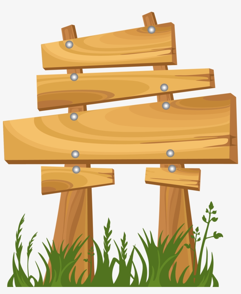 Rustic wooden signpost with four blank planks, mounted on two posts in grassy field.