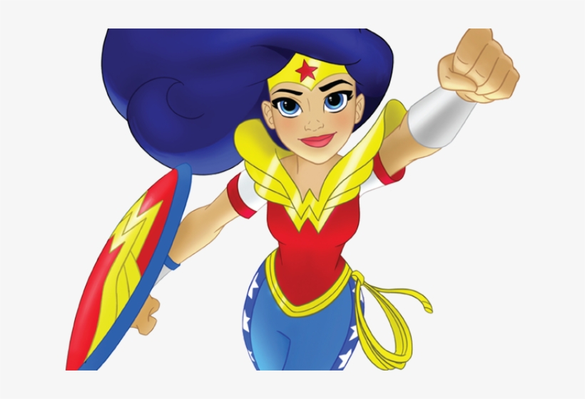 Wonder Woman in classic red, blue, and gold costume, holding shield and raising fist confidently.