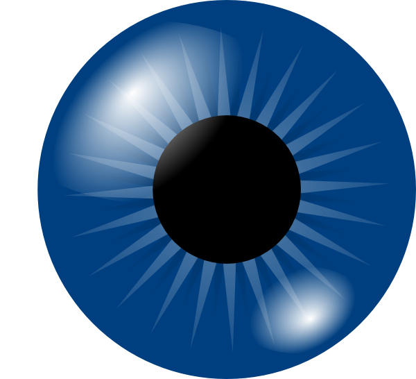 Stylized blue human eye with black pupil, radial iris lines, and glossy highlights on white background.