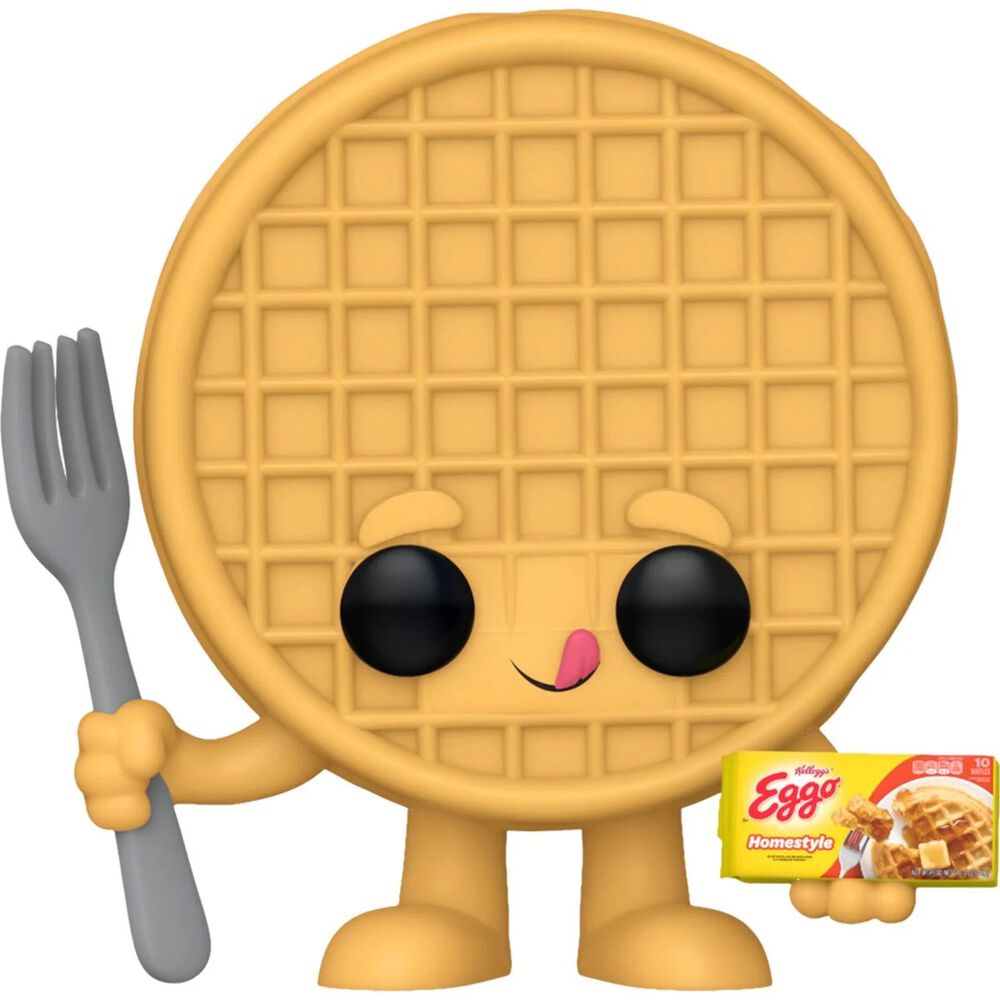 Funko Pop-style Eggo waffle character holding a fork and box of Kellogg’s Eggo Homestyle waffles.