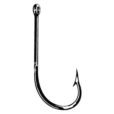 A black-and-white illustration of a classic J-style fishing hook with an eyelet and sharp barbed point.