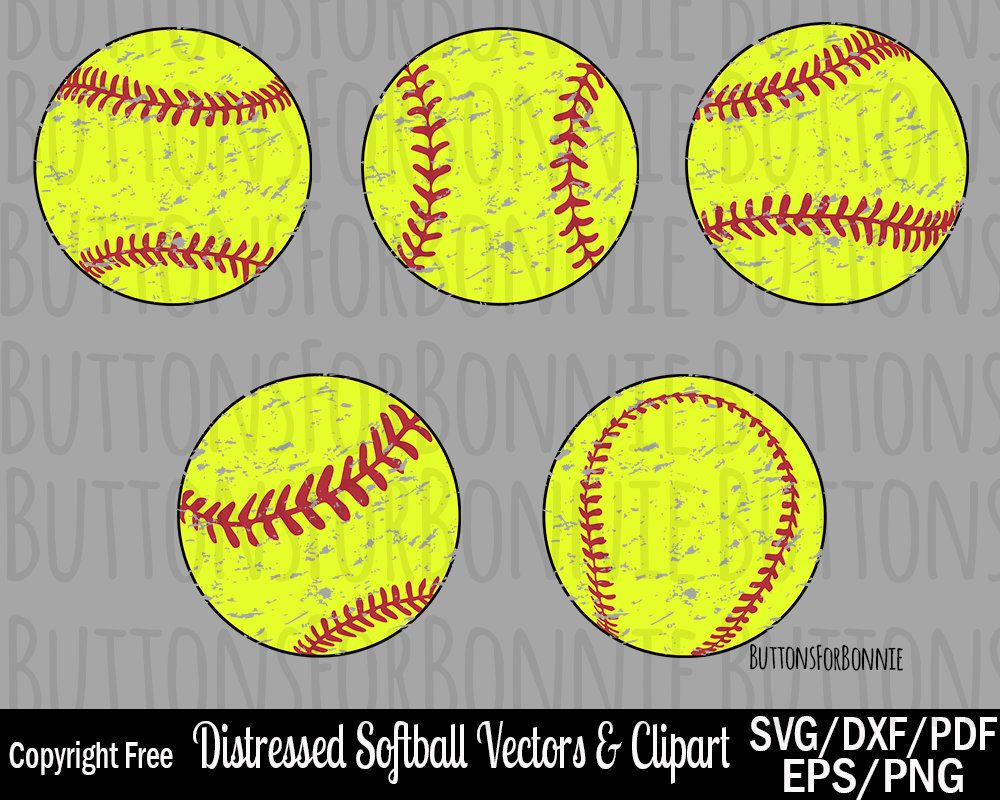 Five distressed yellow softball clipart images with red stitching, copyright-free vector graphics.
