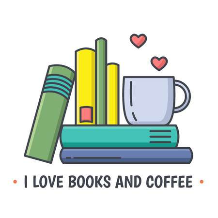 Stack of colorful books with a coffee mug and floating hearts, captioned "I love books and coffee".