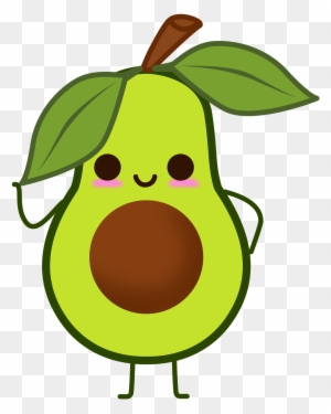 Cute cartoon avocado character with green skin, brown pit, leafy hat, and smiling face waving.
