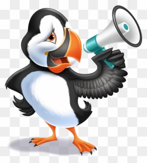 Cartoon puffin holding a megaphone, announcing loudly with expressive eyes and open beak.