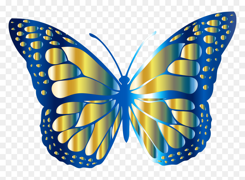 Blue and gold gradient butterfly with intricate wing patterns on transparent background.