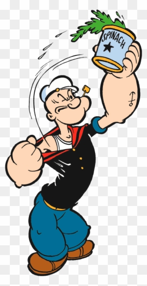 Popeye the Sailor Man flexing his arm while holding a can of spinach, with leaves spilling out and sweat flying.