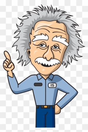 Cartoon illustration of Albert Einstein with wild gray hair, mustache, pointing finger, wearing a blue shirt with "IS" badge.