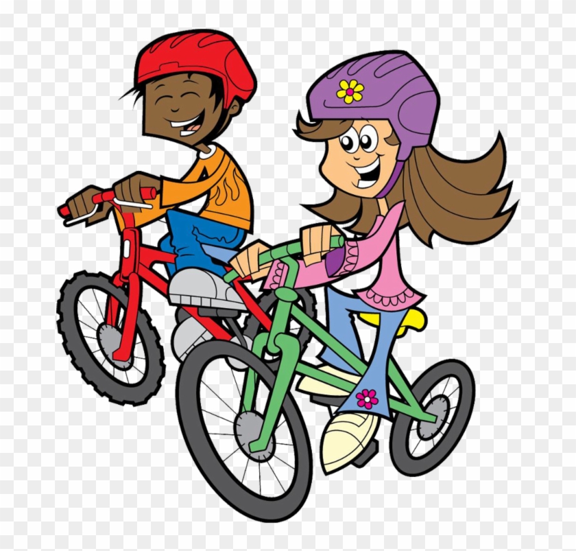 Two smiling children wearing helmets ride colorful bikes side by side.