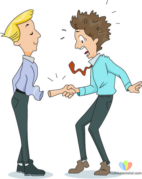 Two men shaking hands; one calm and smiling, the other visibly angry with steam and a flying tie.