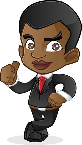 Confident cartoon businessman in black suit and red tie giving a thumbs-up gesture.
